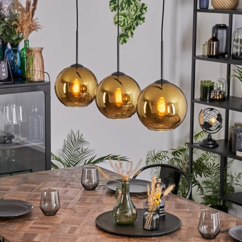 HOFSTEIN Hängeleuchte Koyoto, 3-flammige Hängelampe aus Metall/Glas in Schwarz/Goldfarben, moderne Pendelleuchte im Retro/Vintage-Design (Schirme Ø 20 cm), E27, Esszimmer, Wohnzimmer, Küche