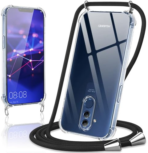 Coiwxmoi Coque avec Cordon pour Huawei Mate 20 Lite 6,3, Collier Réglable Téléphone Étui Portable Lanyard Case Transparent Ultra Souple Silicone TPU Housse Antichoc Protection Cover, Noir