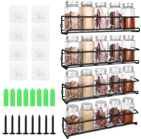 Porta Spezie per Cucina, Set di 4 Portaspezie da Parete, Portaspezie da Appendere con 8 Autoadesive Ganci e Viti, Utilizzabile come Portaspezie Salvaspazio, Scaffale da Cucina e Portaspezie da Parete