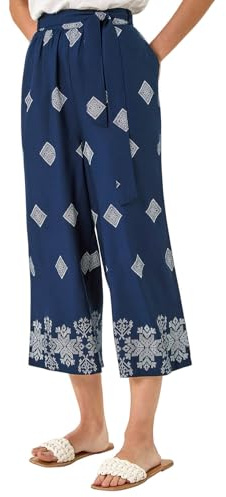 Roman Border Print Belted Trouser for Women UK - Ladies Spring Everyday Summer Holiday Straight Leg Comfy Tie Front Soft Pocket Detail Bottoms Beach Office Pants - Navy - Size 14