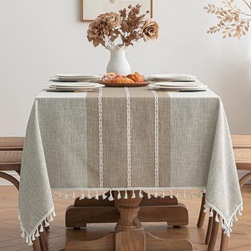 MIULEE Tischdecke Leinenoptik Khaki Boho Streifen 1er Set 140x100cm | Tischdecke Abwaschbar Table Cloth Boho Tischdecke Quadratisch für Küchentisch und Outdoor Tischtuch