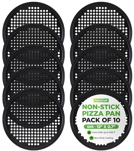 NutriChef Nonstick Pizza Pan Tray for Oven 33cm, Set of 10 Perforated Carbon Steel Baking Accessories with Holes, Easy Clean Plates, Dishwasher Safe Container and Cutting Board