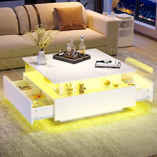 BTM Modernes Hochglanz-LED-Couchtisch Kaffeetisch 70x70x41cm mit 2 Schubladen und transparentem Präsentationsbereich – Belastbar bis 30 kg, ideal für stilvolle Wohnzimmer