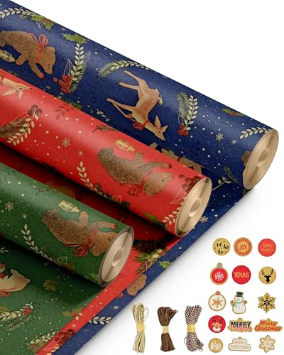Kraft & Co – 3 Pack Kraft Christmas Wrapping Paper Rolls 69cm x 8m, Recycled & Eco-Friendly Gift Wrap with 15 Tags & 3-Color Twine, Christmas Wrap Tear-Resistant, Sustainable Packaging, Total 24m Rol
