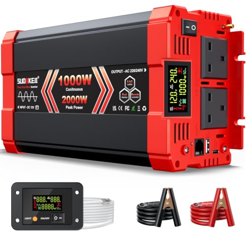 Pure Sine Wave Inverter 1000 Watt, 12V DC to 120V AC Inverters for RV, Truck, Solar, Home, Power Inverter with 2 AC Outlet, 30W USB-C, 5V 3.1A USB, Hardwire Port, Remote Control, Surge 2000W