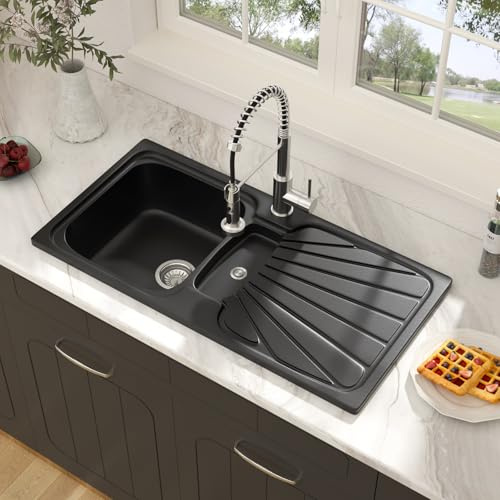 Geworzi Spülbecken Schwarz - 86x43cm Granitspüle Küchenspüle Set mit 2 Hahnlöchern, Moderne Spülbecken Waschbecken Küche Großes 1 Becken, Rechteck Spülbecken-Küche mit Siphon, für Küchen