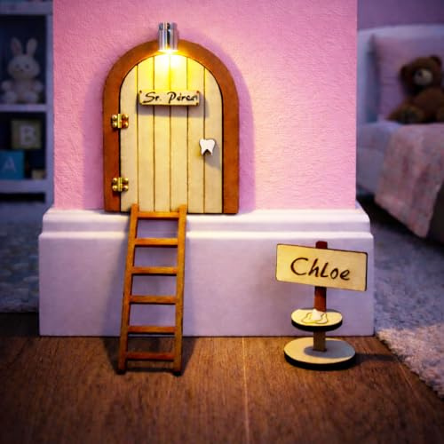 Puerta Ratoncito Perez con LUZ y escalera Mini Puerta Mágica Infantil de madera para la Visita del Ratón Pérez, Regalo Original, Niños, Decoración Dulce Habitación, Dientes