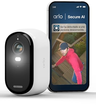 Arlo Essential 3 Telecamera WiFi Esterno Senza Fili 2K, Sirena Allarme Casa, Sensore Di Movimento, Visione Notturna A Colori, Prova Inclusa Secure, 1 Telecamera, Bianca