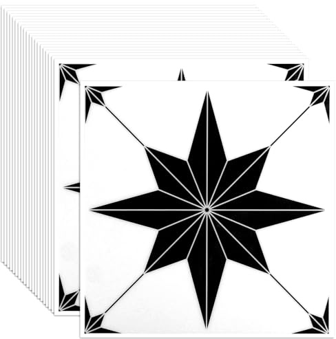CYEER 20er Set Vinylboden Selbstklebend – 30x30 cm PVC Bodenfliesen (1,8 m²) – Schwarzes Sternmuster mit weißen Linien auf Weiß Wasserfester Bodenbelag für Küche & Bad – Mietwohnung Freundlich