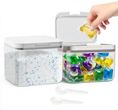 LORESJOY 2PCS Contenedor Detergente 1.2L, Dispenser Lavandería Hermético | Plástico PET resistente, Tapa estanca anti-polvo, Vaso medidor incluido, Gran capacidad, Reutilizable, Uso múltiple completo