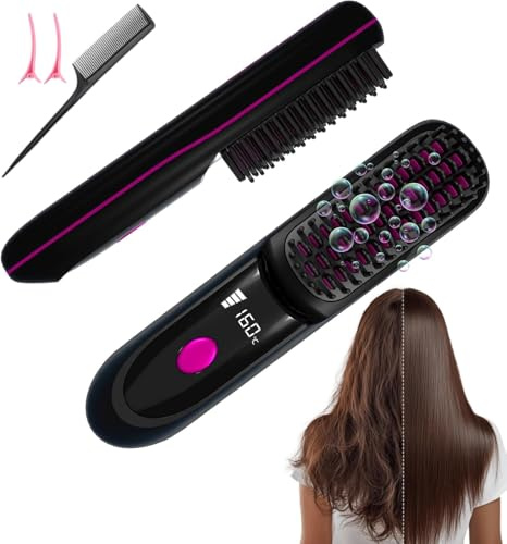 Glättbürste Kabellos, 2026 Neu Haarglätter Bürste, Stylingbürste für Kurze Haare Langes, Tragbare Haarbürste Elektrisch mit LED Anzeige & 3 Wärmestufen, Hair Straightener für Reisen Täglichen Gebrauch