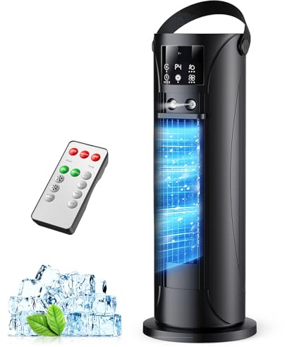 Condizionatore Portatile Silenzioso 28dB,Raffrescatore Aria 4 in 1 con modalità tempesta,Ventilatore Senza Pale,Oscillazione 120°,Doppia Nebbiatura 750mL,Timer 8H per Casa Ufficio (Nero puro)