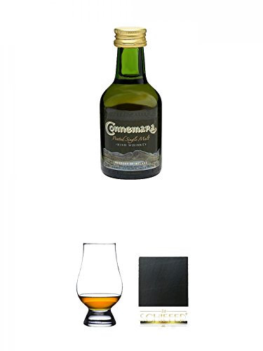 Connemara Peated Single Malt 5 cl + The Glencairn Glass Whisky Glas Stölzle 1 Stück + Schiefer Glasuntersetzer eckig ca. 9,5 cm Durchmesser
