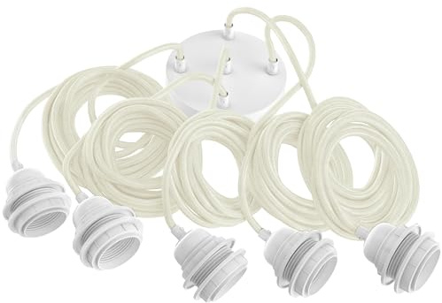 Hoopzi Hang Pendelleuchte, 5-flammig, 3,5 m Leinenkabel | E27-Fassung, Stahlbaldachin, DCL-kompatibel, für Schlafzimmer, Wohnzimmer und Küche, Farbe: Weißes Leinen