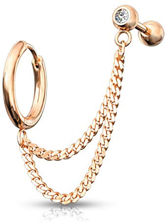 beyoutifulthings 1 Knorpel Ohr-stecker Zirkonia Klick-Creole Doppel-Kette Cartilage Labret Piercing-s Tragus Roségold Edelstahl Schraub-Verschluss