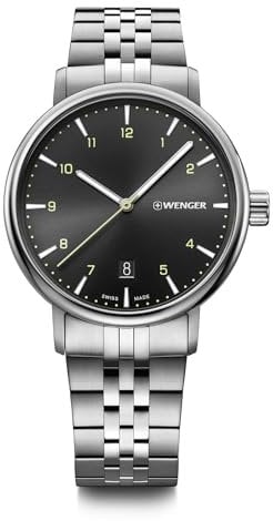 WENGER Herren Armbanduhr Urban Classic Ø 40 mm, Swiss Made, Analog Quarz, Wasserdicht bis 100 m, Edelstahl-Armband, Schwarz/Silber, 01.1731.120