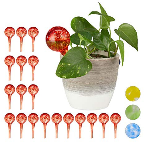 Relaxdays 20 x Bewässerungskugel im Set, dosierte Bewässerung Pflanzen u. Blumen, Gießhilfe Büro, Urlaub, Ø 6 cm, Glas, rot