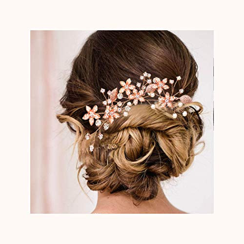 IYOU Forcine per capelli da sposa con fiore argentato con perle di cristallo accessori per capelli per donne e ragazze (confezione da 3) (oro rosa)