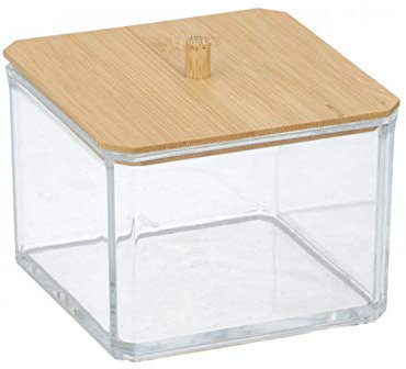 alpina Makeup Organiser Cosmetic Cotton Pads Swab Holder Box Clear Acrylic With Bamboo Lid Beauty Makeup Cotton Wool Bud Ball Bathroom Storage Jar Dispenser, Transparent (Cosmetic Organiser Square)