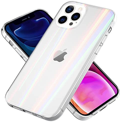 NALIA Klares Hartglas Case kompatibel mit iPhone 13 Pro Max Hülle, Transparent Regenbogen Effekt Anti-Gelb Kratzfest Tempered Glass & Silikon Bumper, Holografisch Bunt Glänzende Handyhülle Glashülle