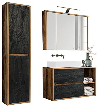 Lomadox Badmöbel Komplett Set Eiche mit Beton dunkel, 100 cm Waschtisch-Unterschrank, 61 cm Keramik-Waschbecken weiß, LED-Spiegelschrank, Hochschrank, B/H/T 160/200/46 cm