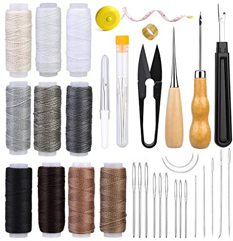 Ruasol 34 kit de réparation de rembourrage PCS, kit de couture en cuir, kit d'outils d'artisanat en cuir avec couse AWL, filetage de couture, couture en cuir couture à coudre aiguilles pour débutants