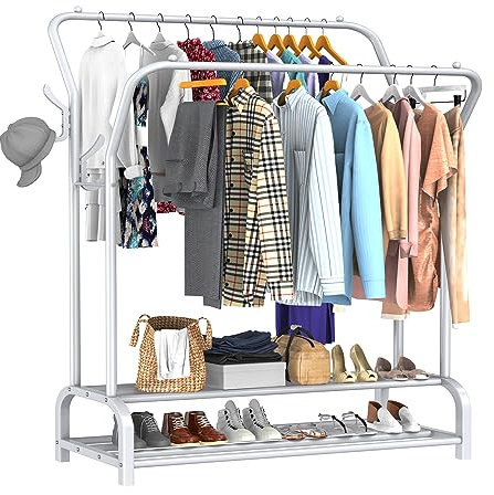 LOEFME Kleiderständer, 110 * 35 * 146cm Kleiderständer Stabil Freistehender Kleiderbügel, Doppelruten Multifunktionale Schlafzimmer Kleiderständer, Minimalismus Kleiderstange Weiß