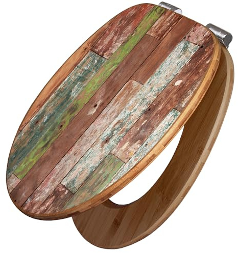 banjado Design WC Sitz Bambus Absenkautomatik 45,8x37,5cm - Toilettendeckel mit Absenkautomatik Holz - hochwertiger Bambus Klodeckel - WC-Sitz für gängigen Toiletten - Motiv Buntes Holz