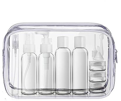 Kulturtasche zum Transport von Flüssigkeiten und 10 Stück Reiseflasche Set und Plastikbeutel für Flüssigkeiten zugelassen (20x20cm) (Weiß:Kulturbeutel mit Reiseflaschenset)