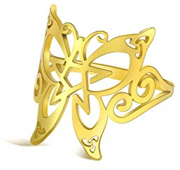 TEAMER Edelstahl Schmetterling Pentagramm Ring Keltischer Pentagramm Ring Wicca Pagan Amulett Schmuck für Frauen Männer (9, Stil 1 - Gold)
