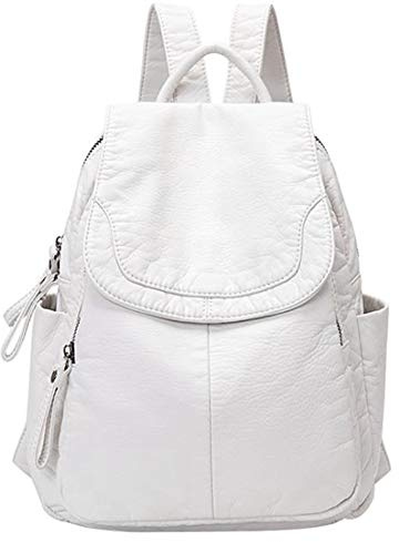 Yangyou Damen-Rucksack weichem Leder, , Schultasche, gewaschenes Leder, Reisen, kleine Schultasche, Weiß, weiß, One Size
