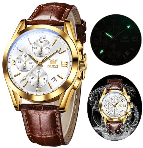OLEVS Herren Chronograph Quarz Uhren, Lederband Gold Gehäuse mit Tag Datum, Wasserdicht Edelstahl Armbanduhr, Leuchtende Uhren für Herren, Mode, Freizeit, Lederarmband, Modisch, Sport
