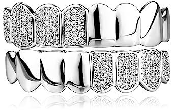Hip Hop Zähne Grills mit Iced Out Zirkon Vampir Doppel Rechtschreibung Große Goldzähne Halloween Cosplay Party Zahn Rapper Geschenk für Frauen Männer,Silber