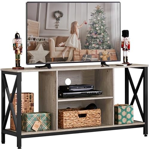 Yaheetech TV Stand for 50 Inch TV, Industrial TV Cabinet with X-Shape Structures & Open Storage Shelves, Media Entertainment Centre for Living Room, Grey