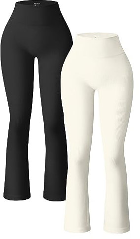 OQQ 2-teilige Yoga Hose für Damen Gerippt Nahtlos Workout Hohe Taille Glockenhose Ausgestellte Leggings Schwarz Beige