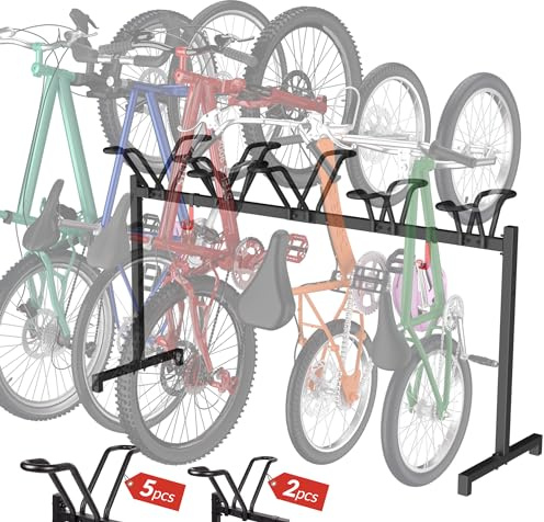 Sttoraboks Bodenständer für 5 Fahrräder, verstellbarer Parkständer mit Haken für Garage, Indoor, Outdoor, freie Kombination für Mountainbikes, Rennräder und Kinderfahrräder