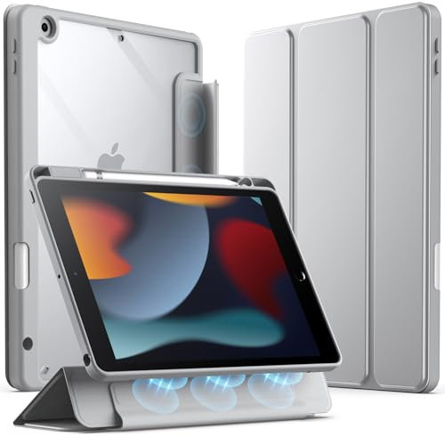 JETech Coque Détachable pour iPad 9/8/7 (10,2 Pouces, Modèle 2021/2020/2019, 9ᵉ/8ᵉ/7ᵉ Génération) avec Porte-Pencil, Housse Étui Magnétique Support à Trois Volets Dos Transparent (Argent)