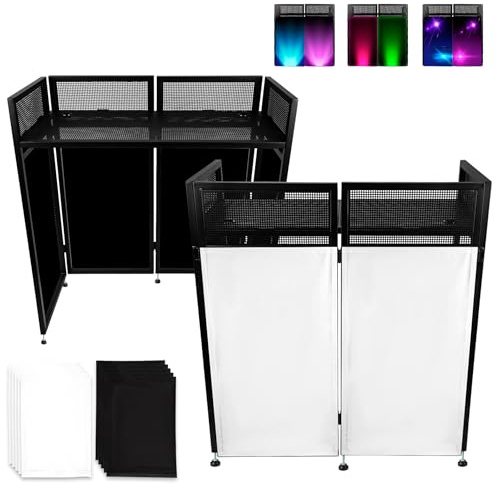 Neoaider Cabina de DJ portátil de 20 x 42 x 44 pulgadas, cabina de fachada de DJ con telas blancas y negras, soporte de mesa de DJ de altura ajustable de 4 pulgadas, marco de metal plegable para