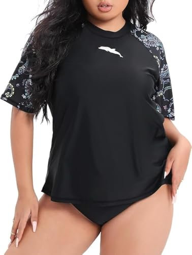 Halcurt UV Shirt Damen Übergröße Rash Guard Kurzarm UPF 50+ Badeshirt UV Schutz Schwimmshirt Schnell Trocknender Bademode 2X