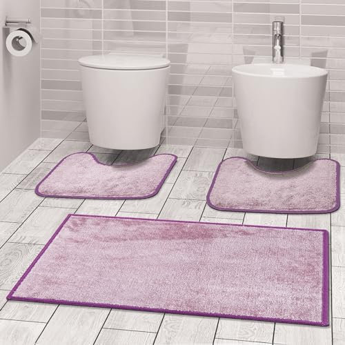 Comart, Lot de 3 Tapis de Bain, antidérapant, Couleur Unie, Couleur Lilas