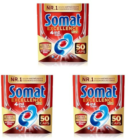 Somat Excellence PLUS 4in1 Caps (50 Caps), Spülmaschinentabs in 100% wasserlöslicher Hülle, Somat Caps mit Extra Reinigungskraft* und Einweicheffekt, recyclingfähig (Packung mit 3)