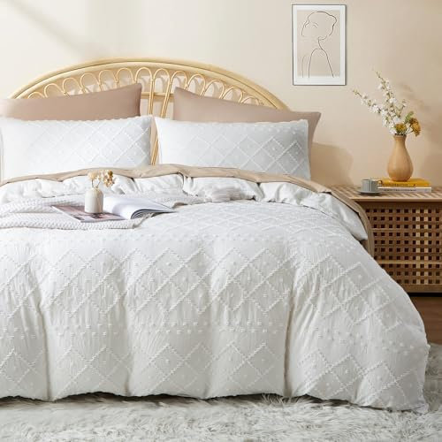 Lanqinglv Boho Bettwäsche 200x220 cm Weiß Getuftet Geometrisch Shabby Chic Wendebettwäsche aus Mikrofaser,Böhmisch Bettbezug mit Reißverschluss und 2 Kissenbezug 80x80cm