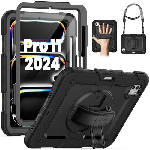 SEYMAC Hülle für iPad Pro 11 Zoll 2024 5. Generation M4, Stoßfeste Hülle für iPad Pro 11 mit Displayschutz, 360° Drehbarer Ständer und Handschlaufe, Schultergurt, mit Stifthalter, Schwarz