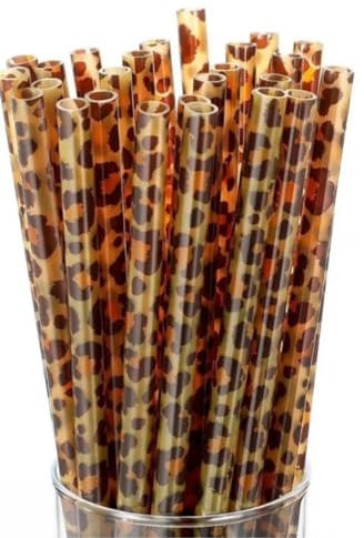 16 Pcs Leopard Print Reusable Drinking Straws Safari Themed Party Decorations Party Straws Party Favours (Brown)