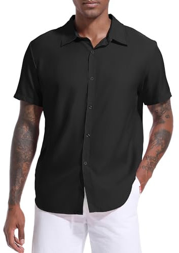 Holure Mens Shirts Waffle Short Sleeve Casual Shirts Button Down Shirt for Men Summer Beach Shirt Black-M