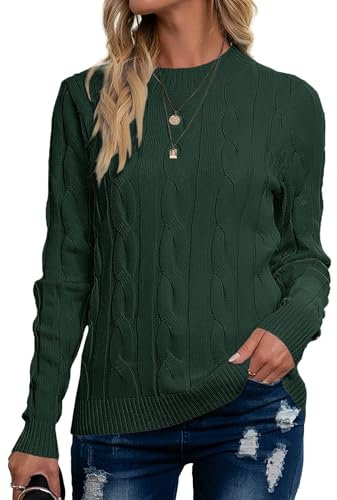 Breampot Women Cable Knit Jumper Casual Basic Long Sleeve Pullover Sweater Tops(Green,Large)