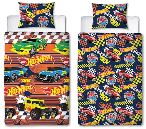 Hot Wheels Bettwäsche-Set für Einzelbett, offizielles Lizenzprodukt, Rennfahrer-Design, wendbar, 2-seitig, Auto-Bettwäsche, inkl. passendem Kissenbezug, perfekt für Kinderzimmer