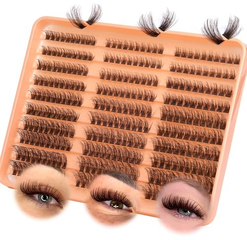 JIMIRE 300Pcs Brown Cluster Lashes Fluffy 60D+80D+100D Brown Individual Eyelashes Natural Volume Lash Clusters 10-18MM Lashes Individual Cluster Soft Reusable Eyelash Clusters