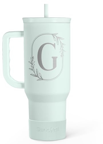Personalized Monogrammed Tumbler with Handle 40oz, Letter G Tumblers Insulated Coffee Travel Cup, Custom Initial Gift for Women Girls Friends, Monogram Gift for Christmas Birthday Mothers Day