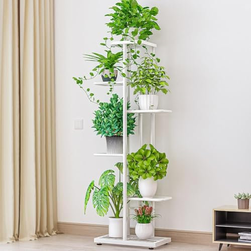 Creperture Metall Pflanzenständer, 6 Etagen 7 Topf Blumenständer Präsentationsregal, Kann Bis zu 7kg Tragen Eck Pflanzenhalter Blumentreppen Deko für Innen Garten Balkon,Weiß
